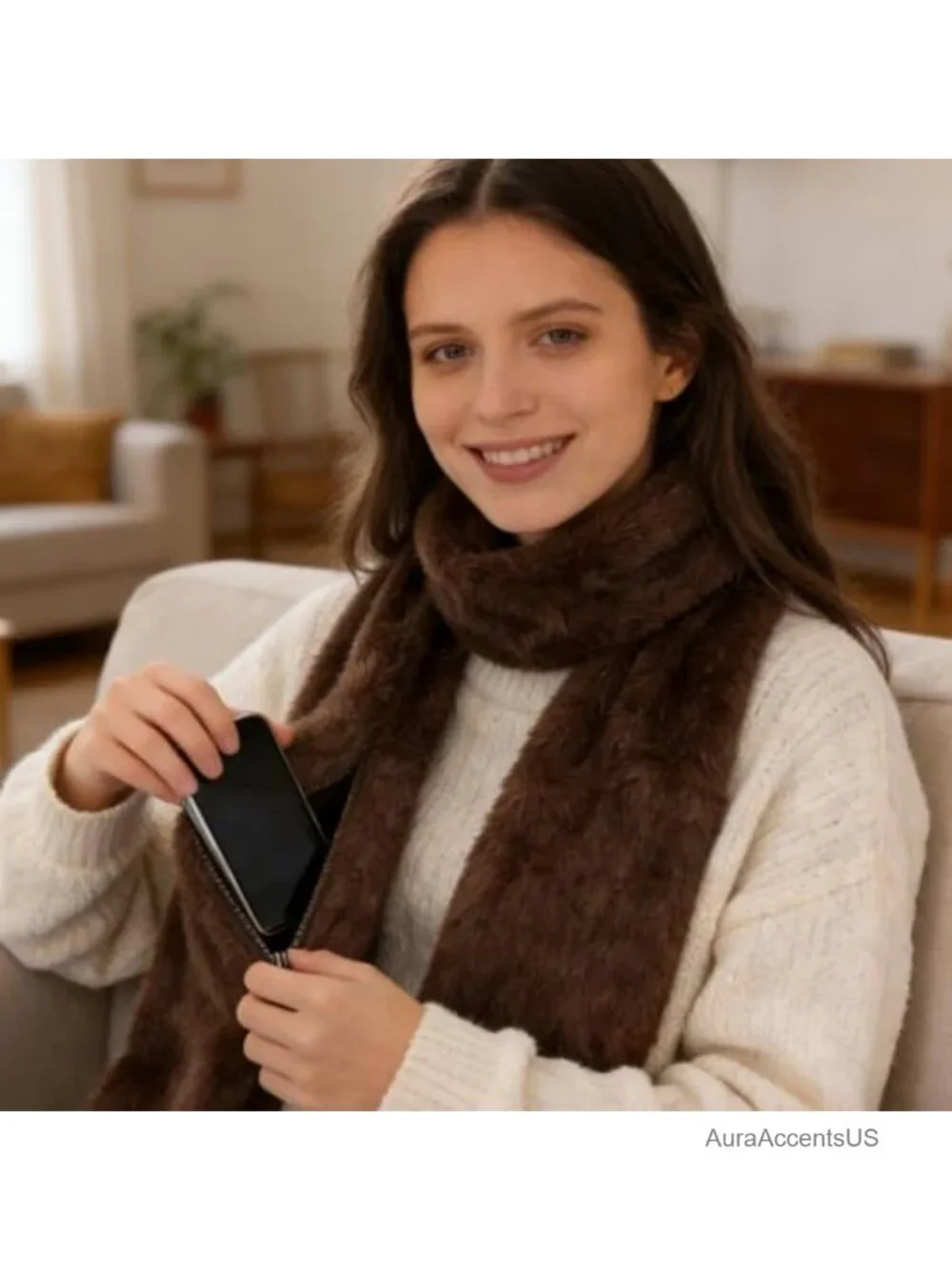 Faux-Fur Pull Through Scarf with Hidden Zipper Pocket, Cozy Winter Wrap